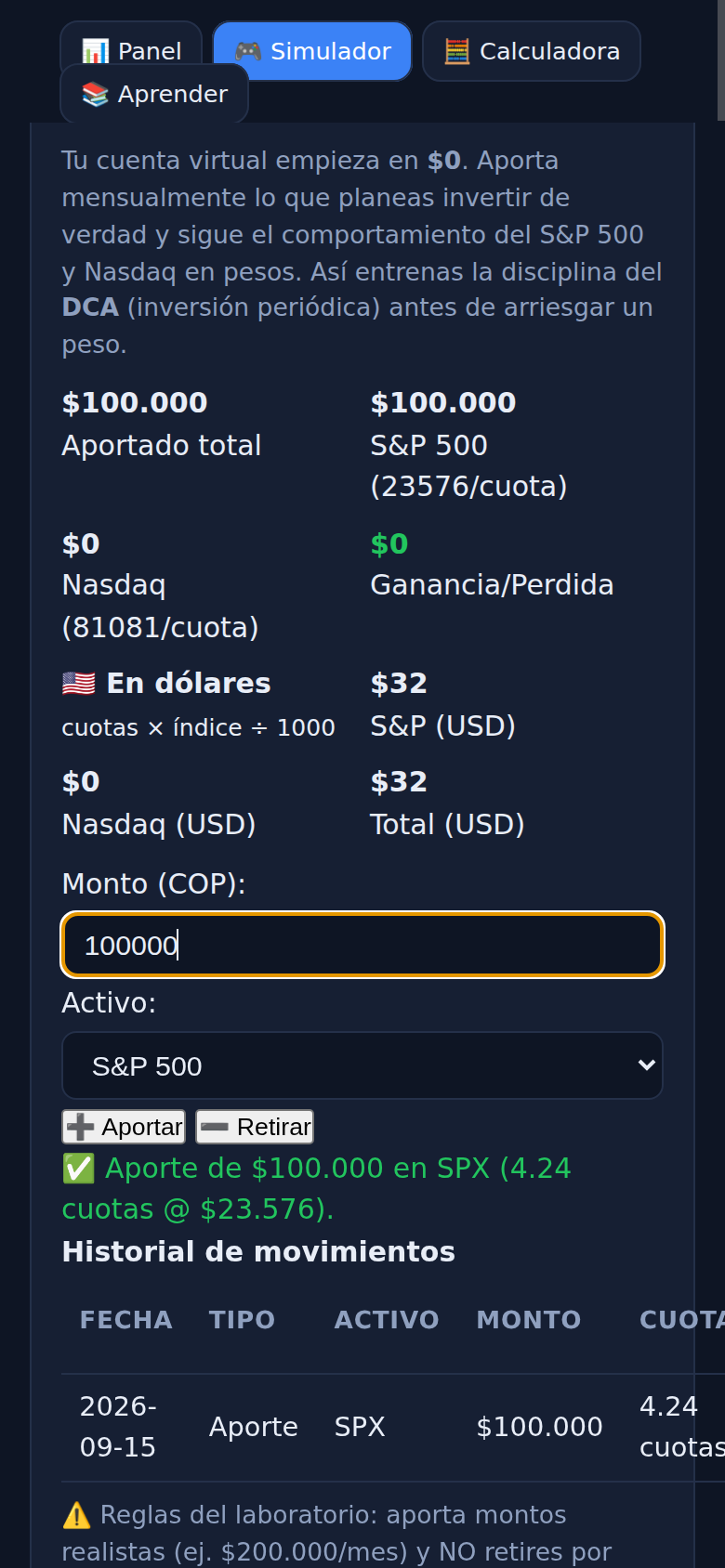 Simulador del laboratorio de Bolsa: aporte de $100.000 en S&P 500 a $23.576 la cuota, con el historial de movimientos