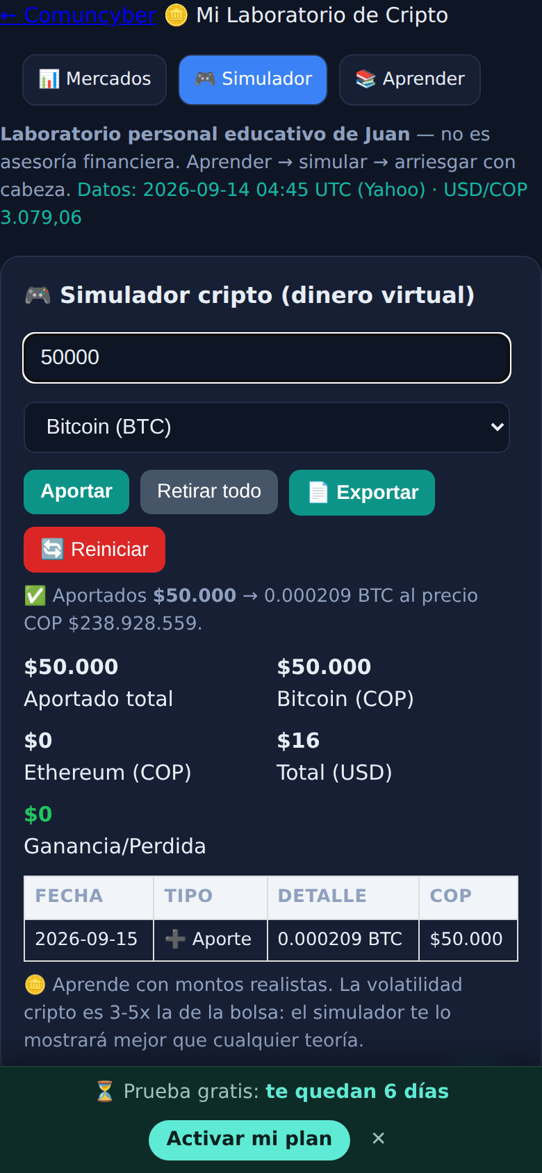 Simulador del laboratorio de Cripto: aporte de $50.000 en bitcoin, con las cuotas y el historial de movimientos