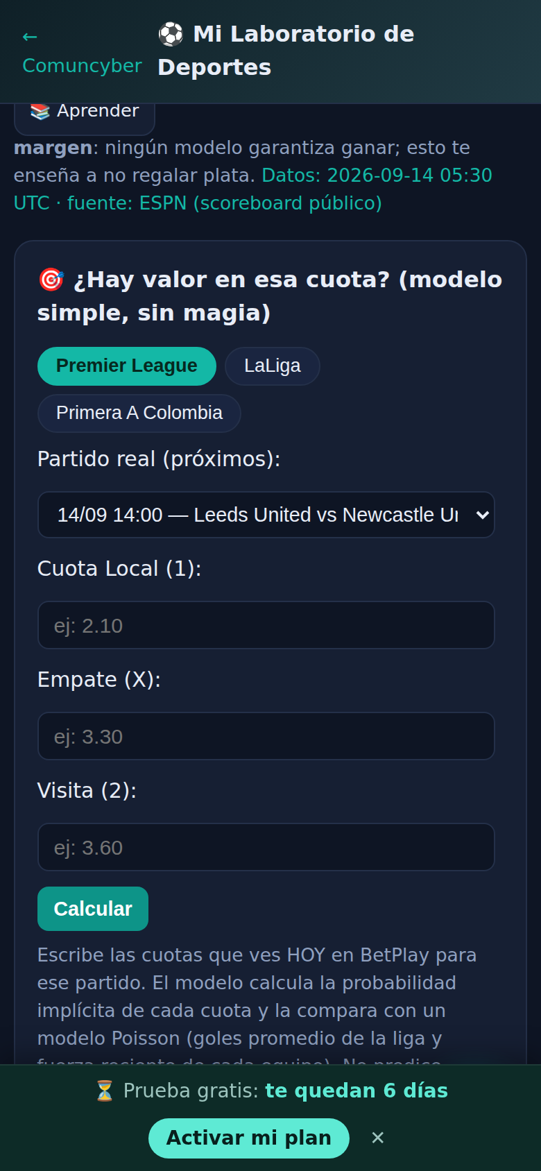 Pestaña Valor del laboratorio de Deportes: porcentajes de local, empate y visita calculados con el modelo, más las cuotas de la casa