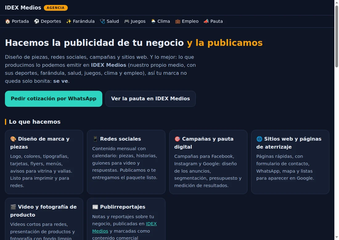 Página de la agencia de publicidad con sus servicios