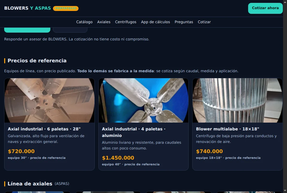 Sitio de BLOWERS Y ASPAS con su catálogo de ventiladores y precios