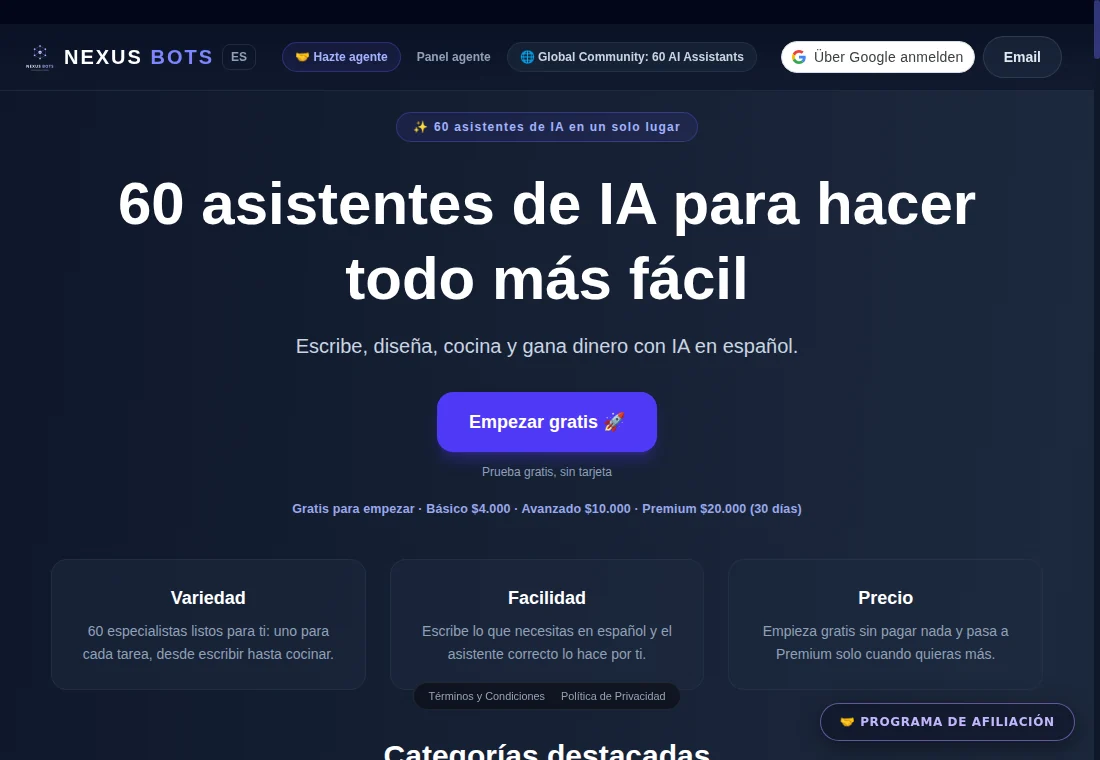 Portal de Nexus Bots con 60 asistentes de inteligencia artificial
