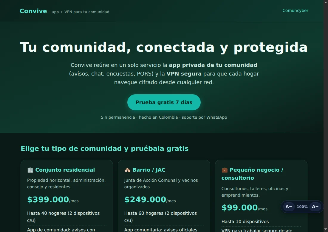 Página de planes de Convive con los precios por tipo de comunidad