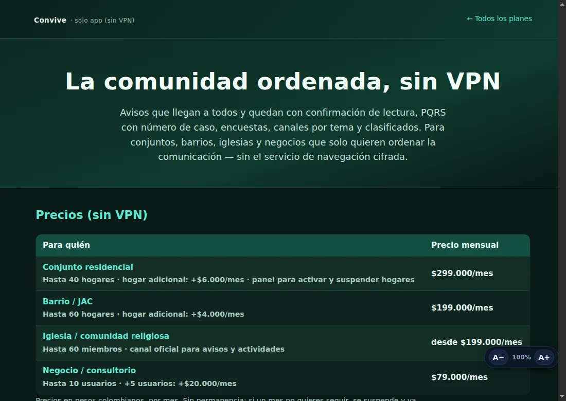 Página del plan solo app de Convive, sin VPN