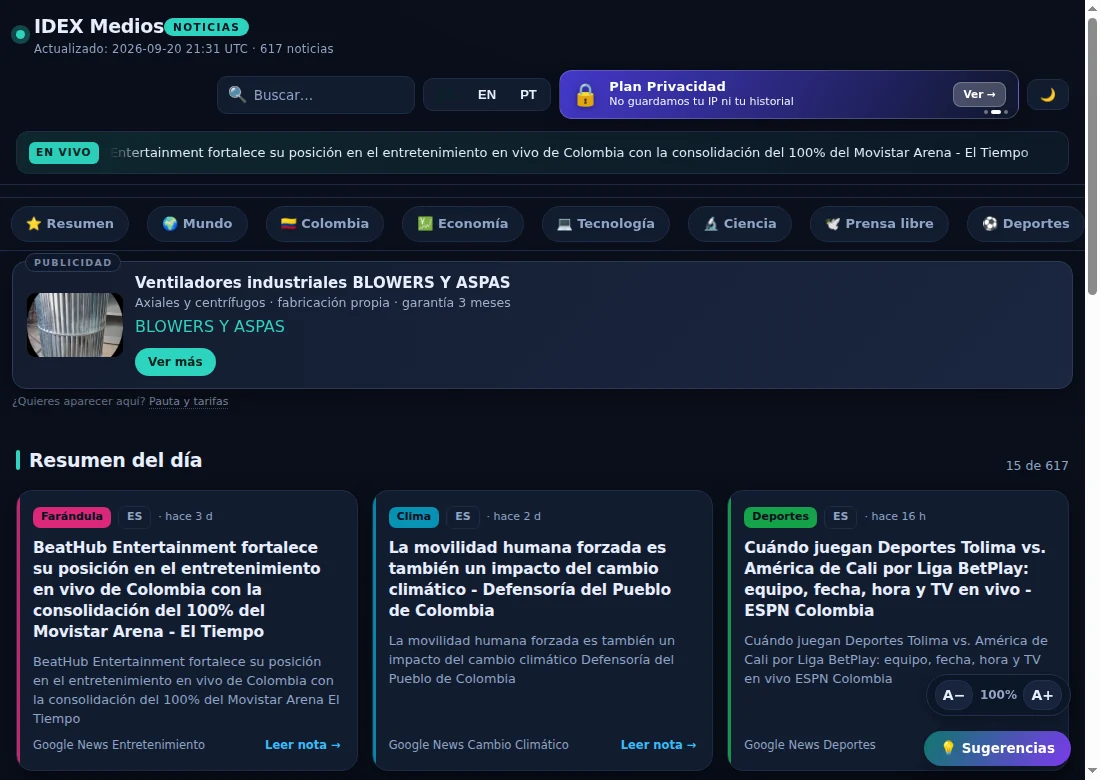 Portada de IDEX Medios con las noticias del día y un aviso publicitario