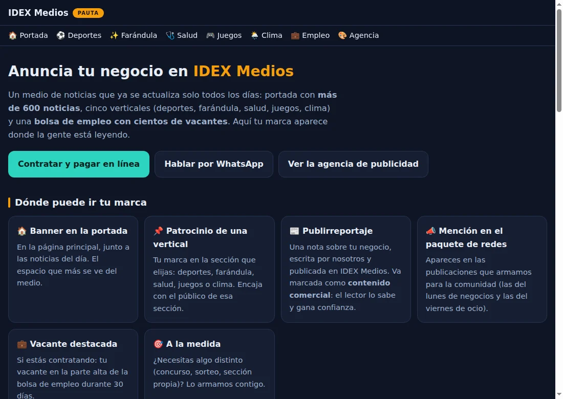 Página de pauta de IDEX Medios con las tarifas