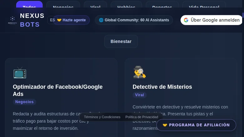 Rejilla de asistentes de Nexus Bots por categoría